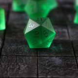 Hand Carved Raised Green Zircon Glass (And Box) Polyhedral Dice DND Set