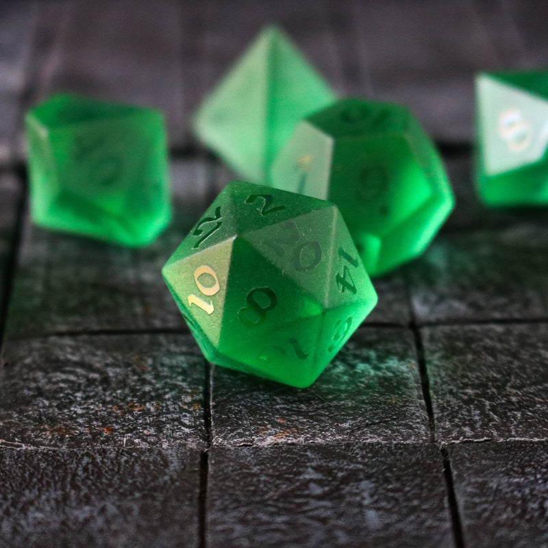 Hand Carved Raised Green Zircon Glass (And Box) Polyhedral Dice DND Set