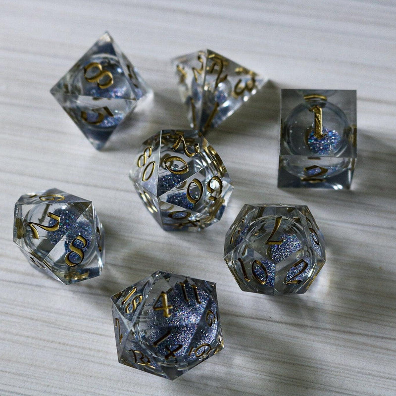 Silver Glitter Liquid Core Handmade Sharp Edge Resin Dice Set RPG Game DND Tabletop Gaming