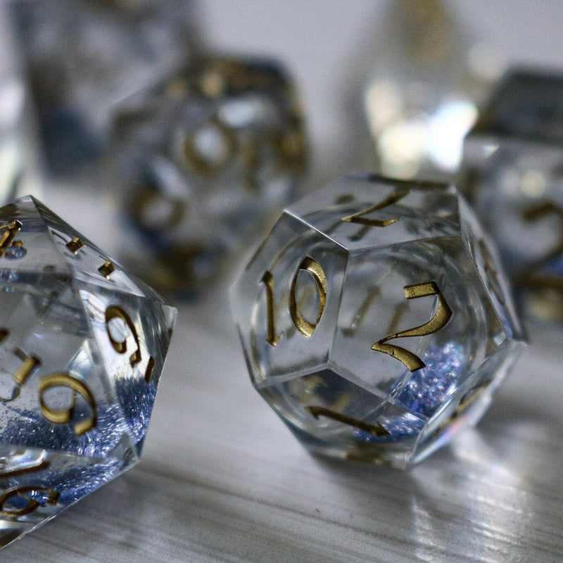 Silver Glitter Liquid Core Handmade Sharp Edge Resin Dice Set RPG Game DND Tabletop Gaming