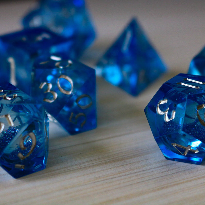 Blue Glitter Liquid Core Handmade Sharp Edge Resin Dice Set RPG Game DND Tabletop Gaming