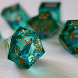 Sea Green Glitter Liquid Core Handmade Sharp Edge Resin Dice Set RPG Game DND Tabletop Gaming