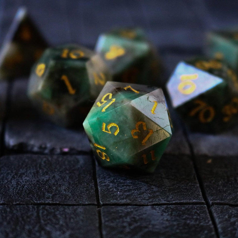 Green Gemstone Emerald Polyhedral Dice (With Box) DND Set