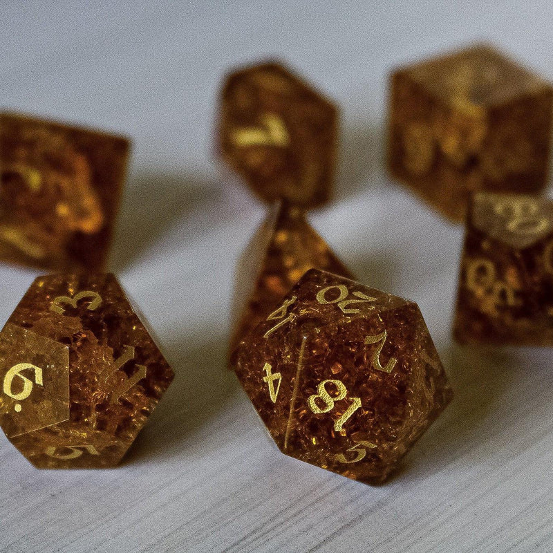 Gold Honey Lightning Glass Cracked Glass (And Box) Polyhedral Dice DND Set