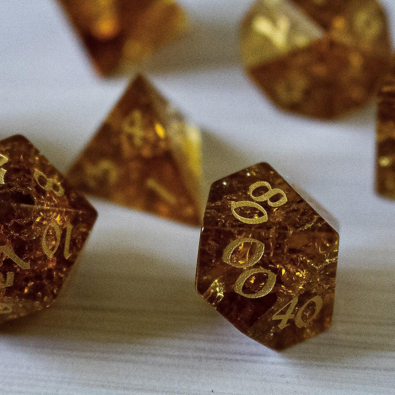 Gold Honey Lightning Glass Cracked Glass (And Box) Polyhedral Dice DND Set