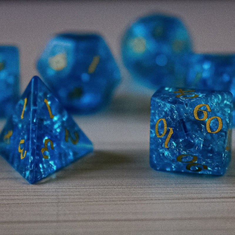 Blue Lightning Glass Cracked Glass (And Box) Polyhedral Dice DND Set