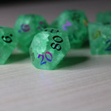 Green Mint Inked Lightning Glass Cracked Glass (And Box) Polyhedral Dice DND Set