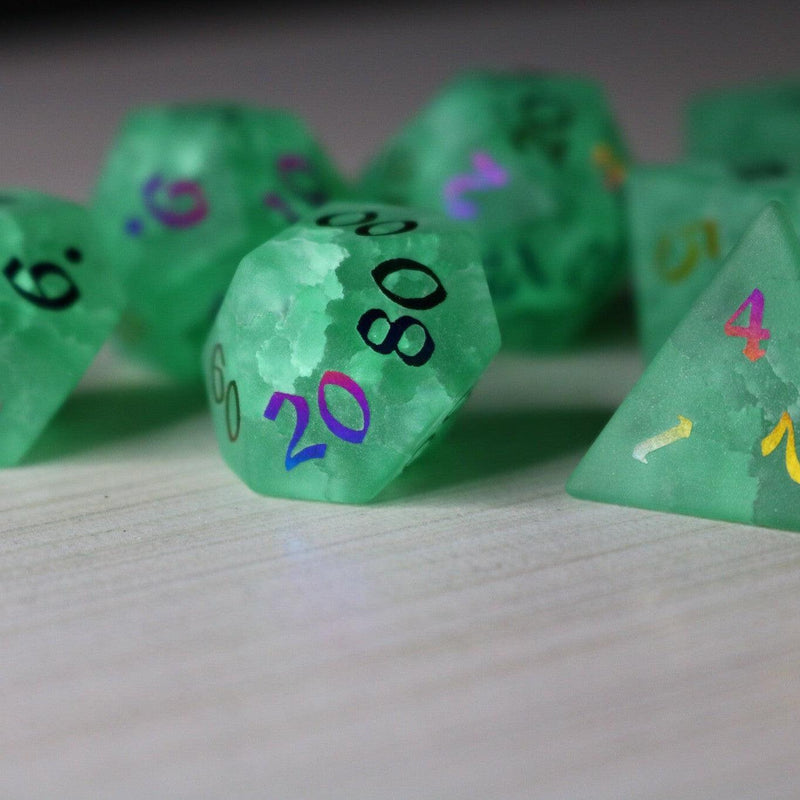 Green Mint Inked Lightning Glass Cracked Glass (And Box) Polyhedral Dice DND Set