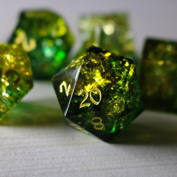 Poison Forge Fire Cracked Glass Green (And Box) Polyhedral Dice DND Set