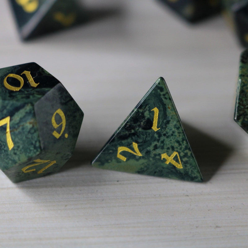 Gemstone Green Eyed Hand Carved Polyhedral Dice DnD Dice Set