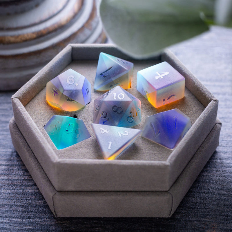 Gemstone Raised Dichroic Glass Polyhedral Dice (With Box) DND Dice Set –  Runic Dice