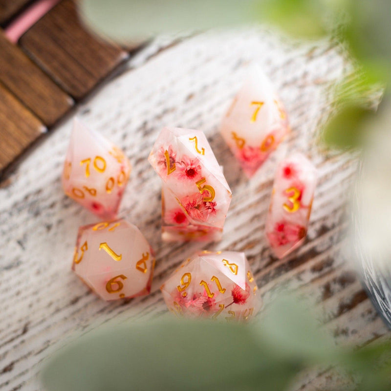 Pink Flower Handmade Resin DND Dice Set MTG Tabletop Gaming